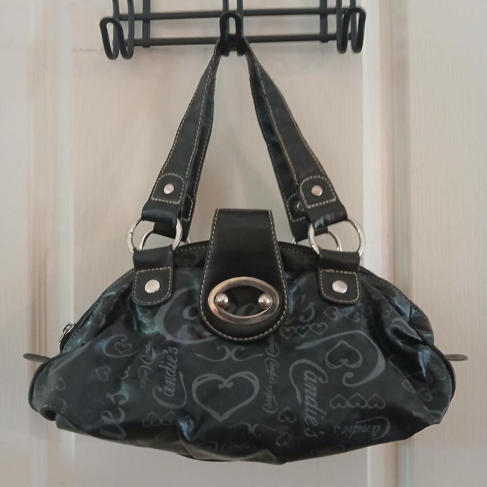 Y2K Vintage Candie's Black Faux Leather Purse All Over Print Logo & Heart Indie